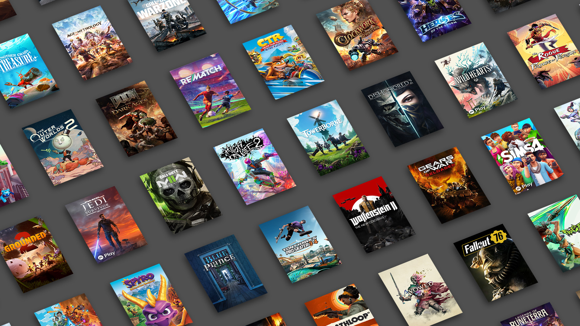 Extensive Xbox Game Pass library showing hundreds of video games across genres and generations.