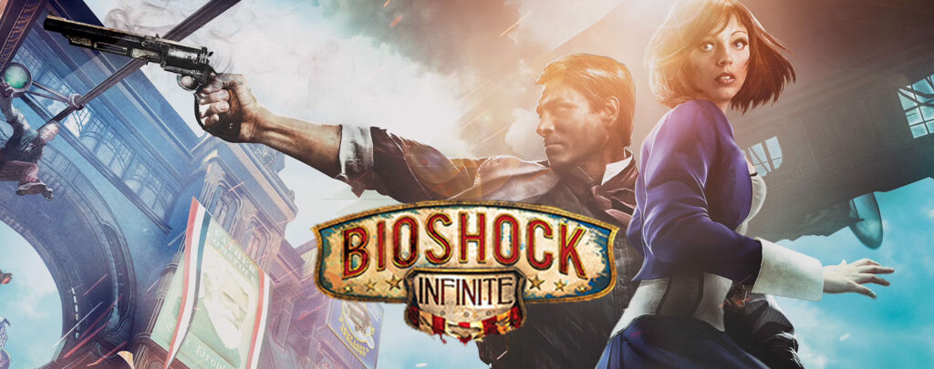 Official BioShock Infinite artwork featuring Booker DeWitt aiming his gun while Elizabeth looks back over her shoulder.