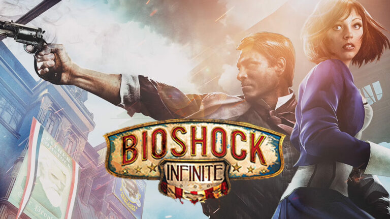 Official BioShock Infinite artwork featuring Booker DeWitt aiming his gun while Elizabeth looks back over her shoulder.