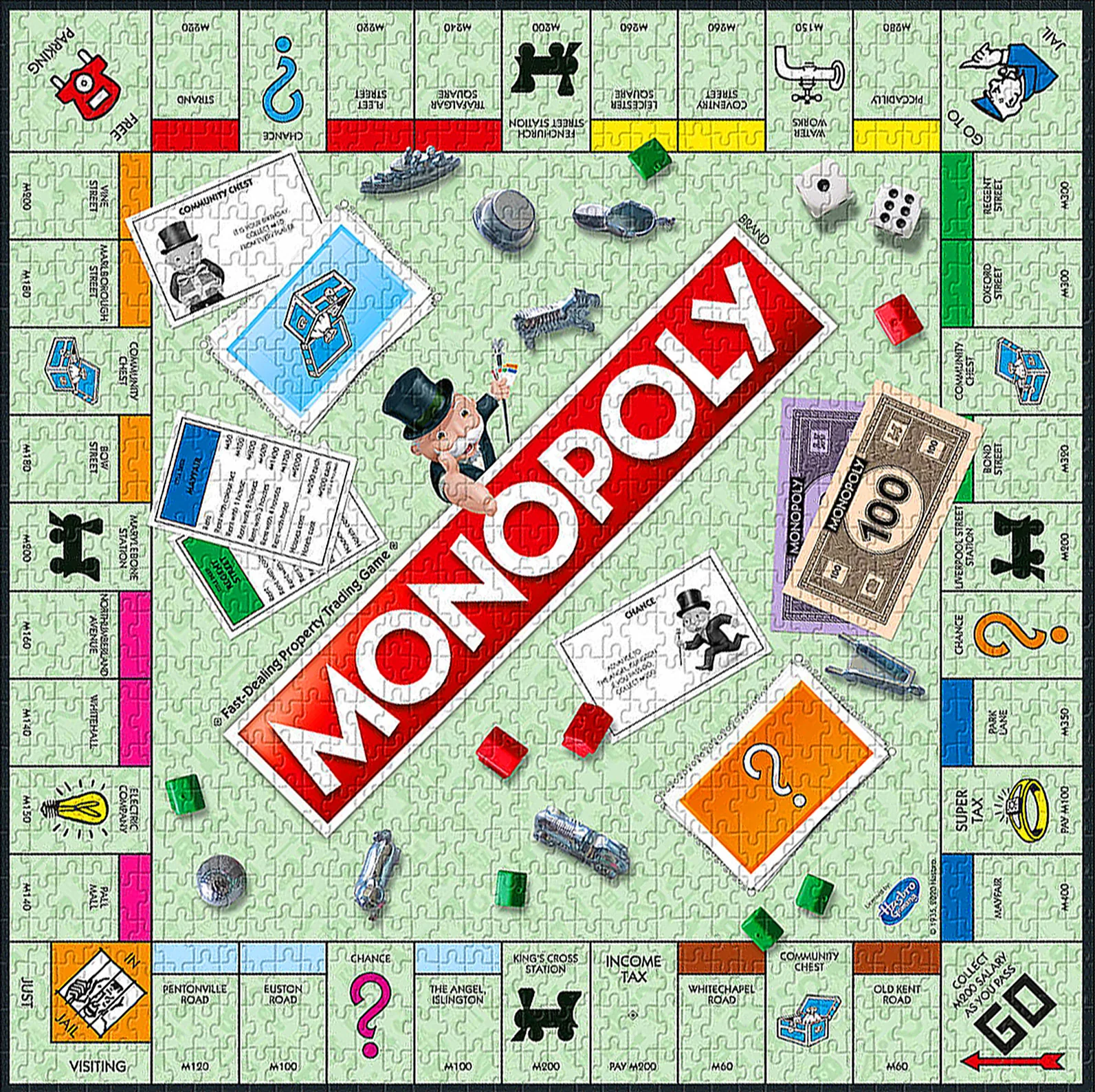 Aerial view of a complete Monopoly board showing all properties, houses, hotels, and player pieces, highlighting the full scope of gameplay.