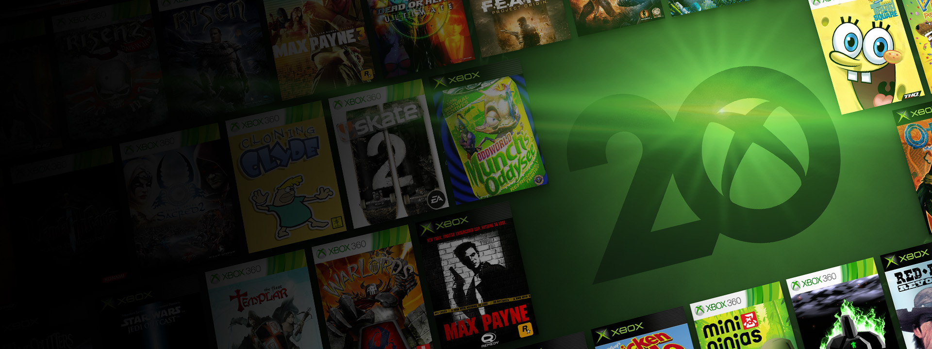 Xbox 20th anniversary artwork featuring classic game covers from the original Xbox and Xbox 360.
