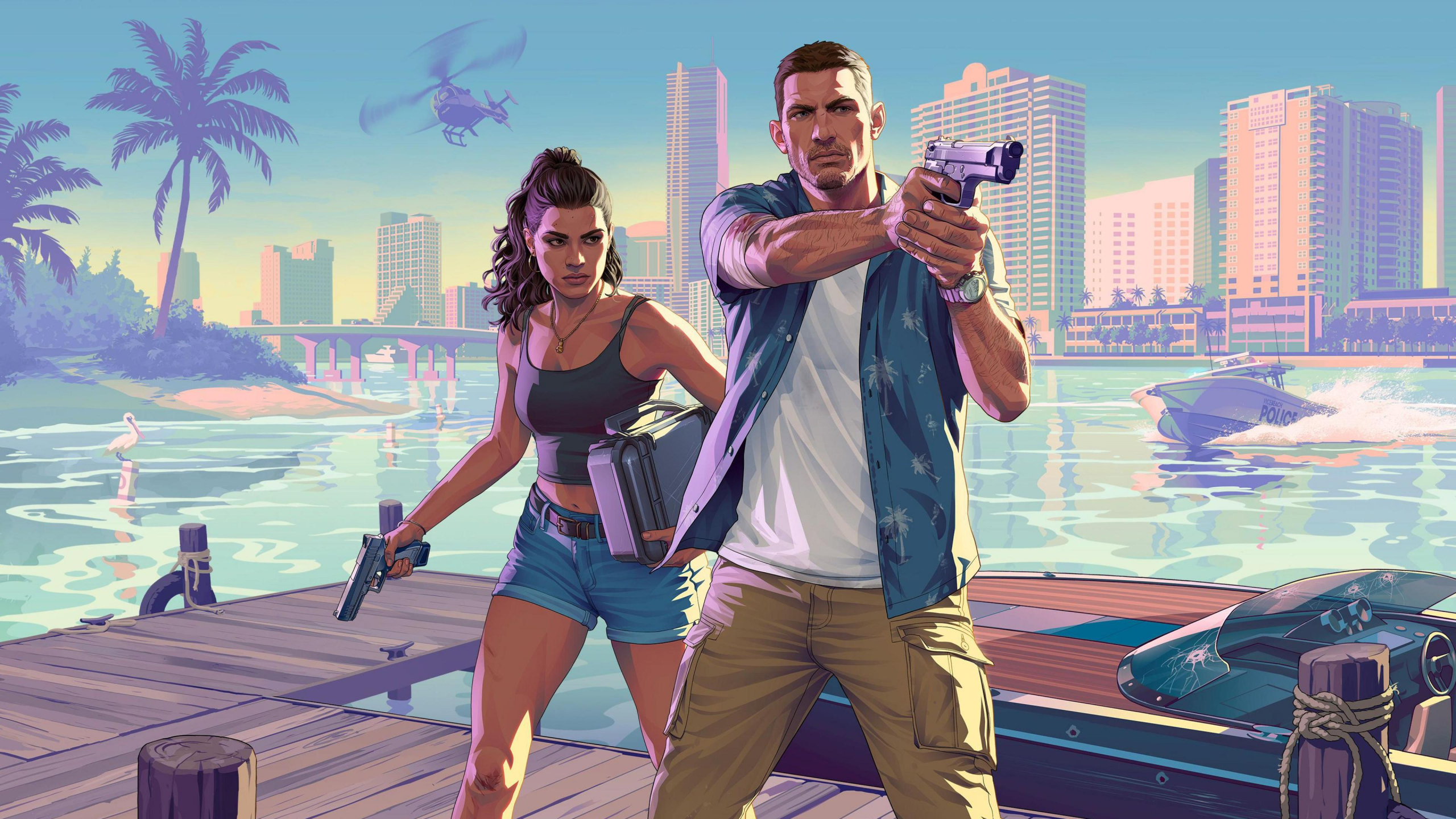 Official style GTA 6 poster showing the main characters and vibrant Vice City backdrop, representing the blend of story and live service elements.