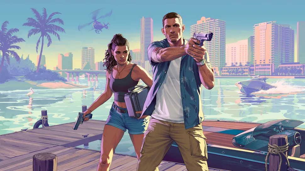 Launch artwork of GTA VI protagonists, highlighting the characters in the latest open-world action-adventure game