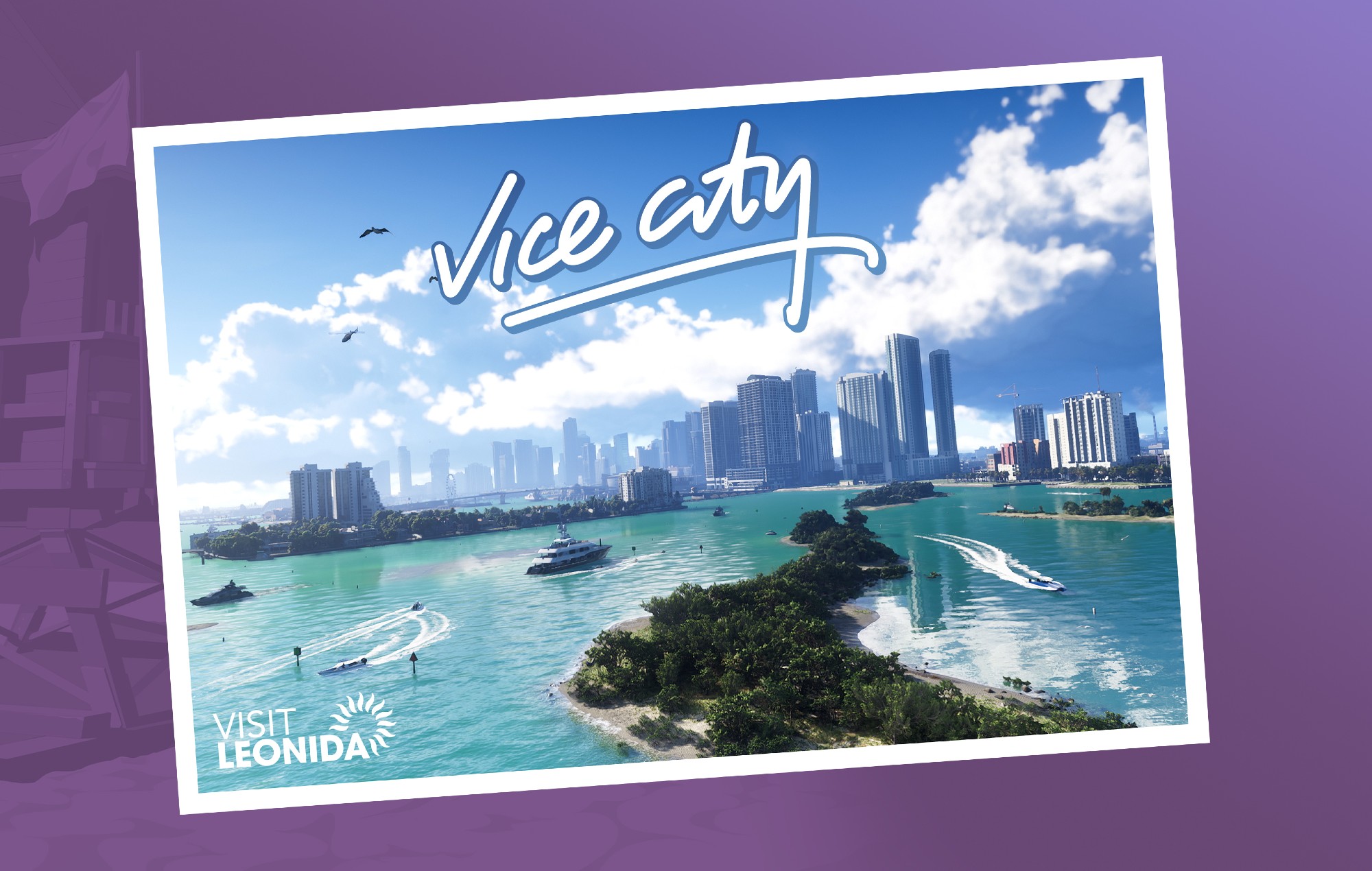 Promotional Vice poster featuring “Visit Leonida,” depicting a vibrant cityscape and inviting tourists to explore the fictional GTA VI location.