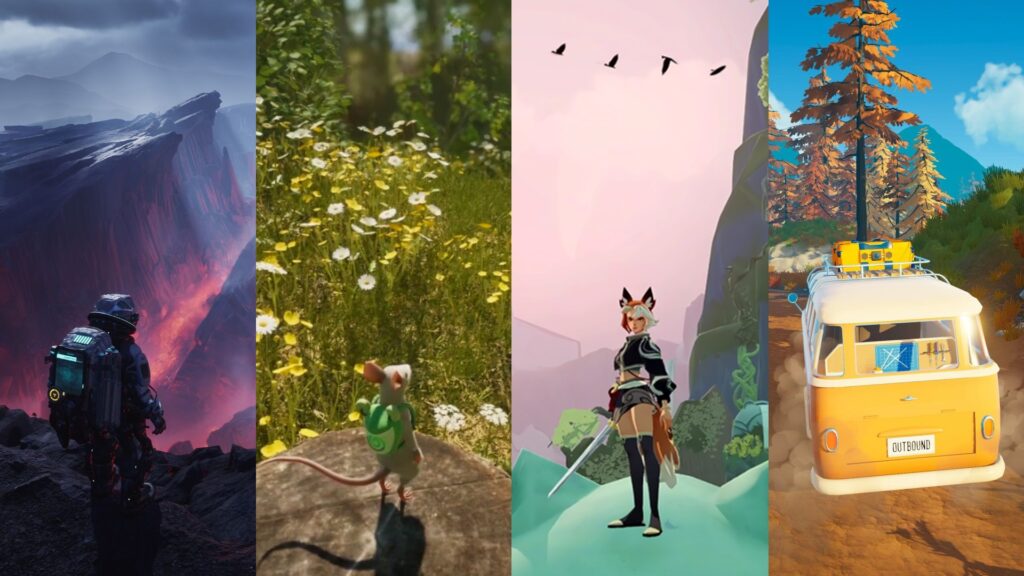 Collage of four indie game worlds including a sci fi explorer, a small mouse character in a field, a stylised sword wielding hero and a colourful road trip scene.