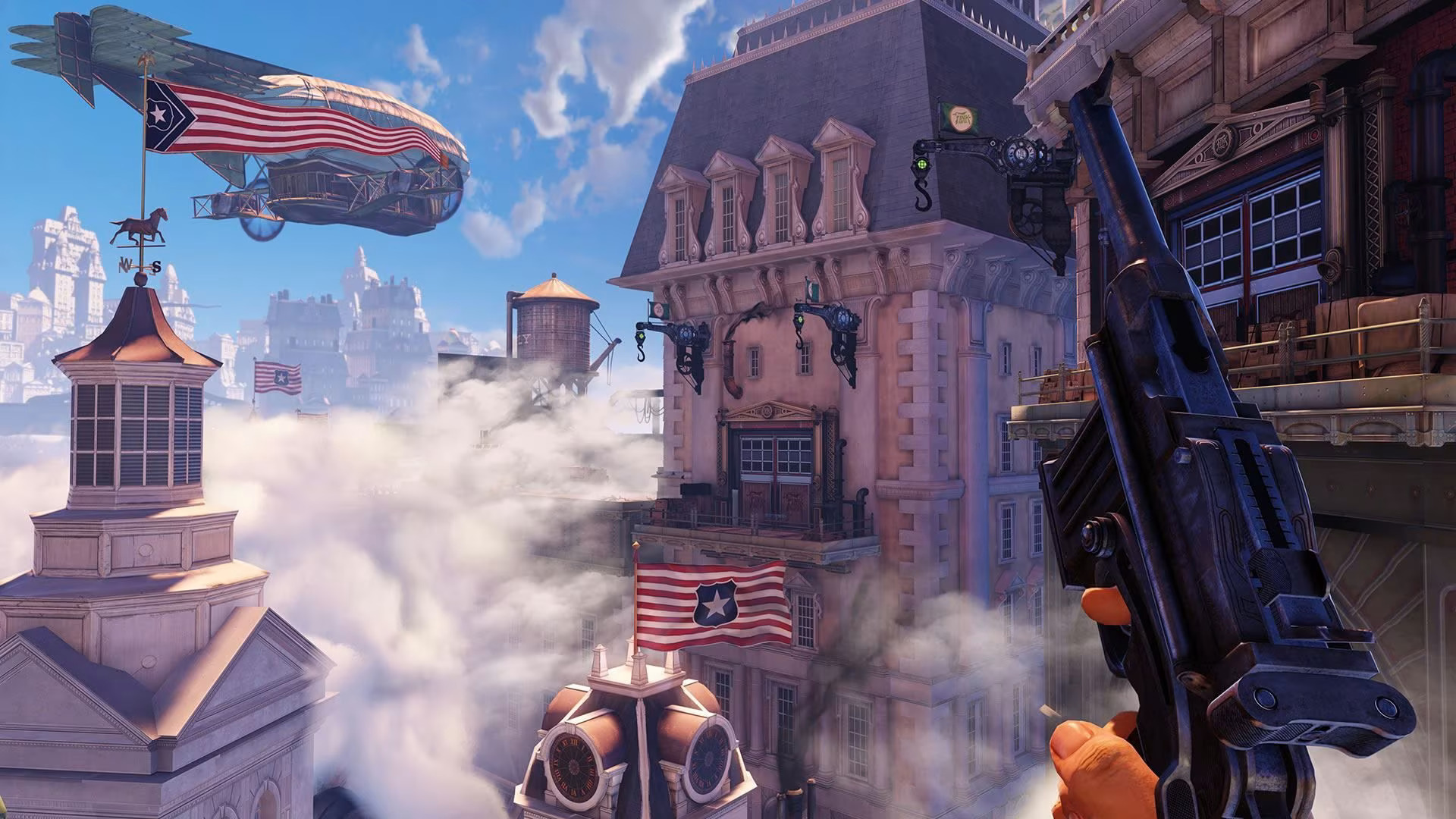 A first person view of Columbia’s floating city skyline as Booker reloads his weapon in BioShock Infinite.