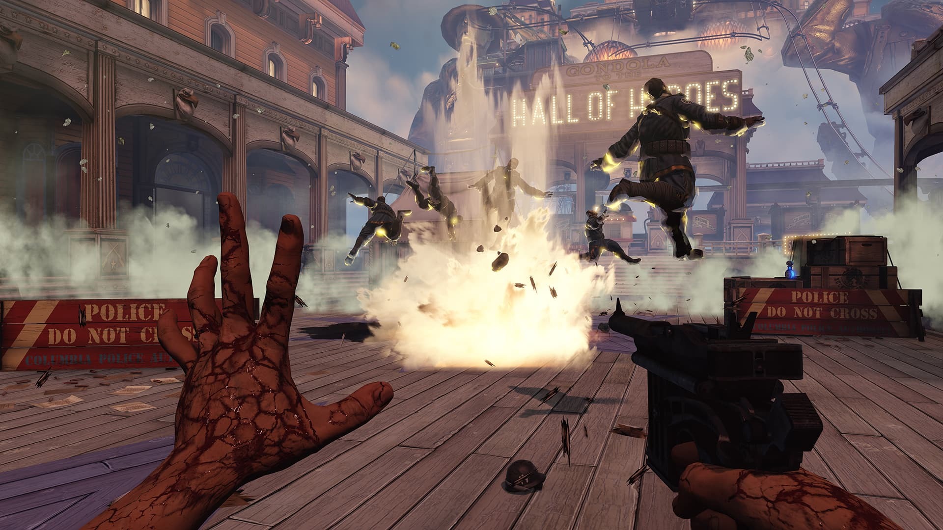Booker DeWitt uses a powerful Vigor to blast enemies into the air during a chaotic combat scene in BioShock Infinite.