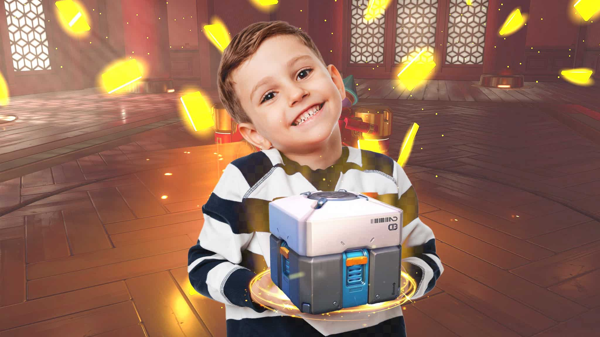 A child holding a glowing loot box, looking excited and happy as they anticipate its contents.