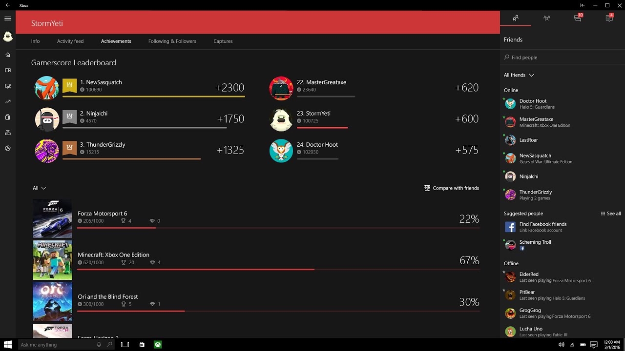 Xbox gamerscore leaderboard showing player rankings and achievement progress.