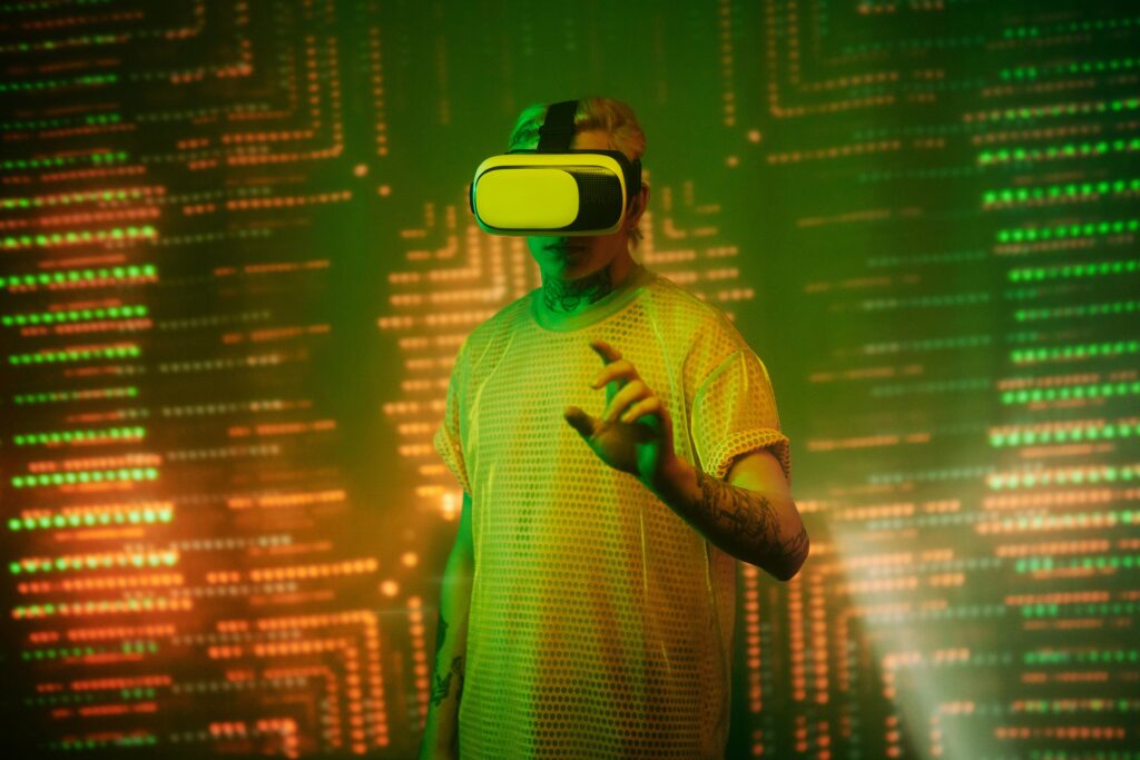 Person using a VR headset surrounded by a glowing digital interface representing AI technology