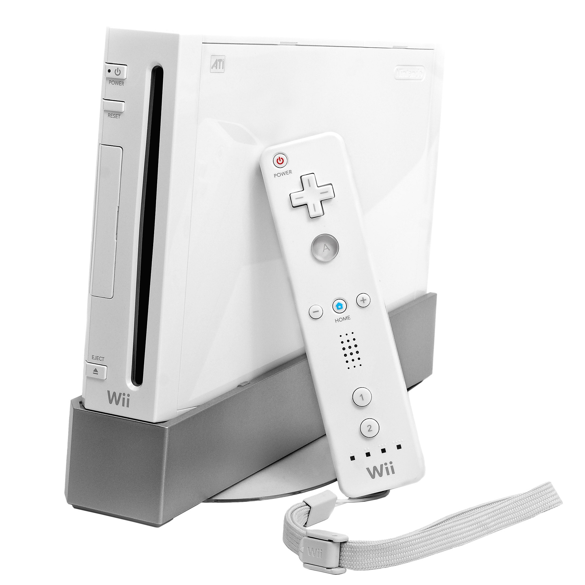 Nintendo Wii console with a Wii Remote standing on its charging base
