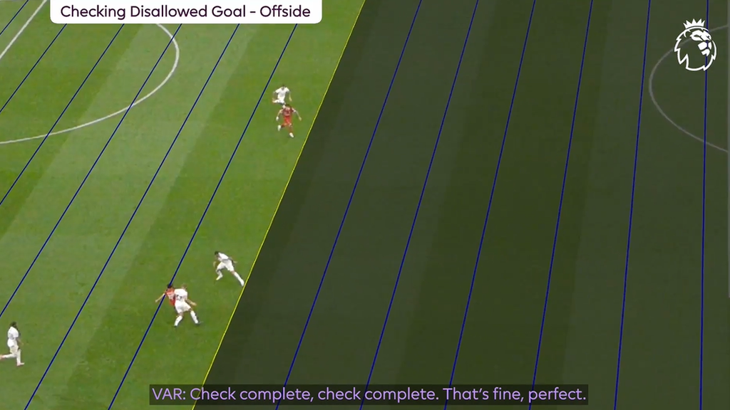 Premier League VAR offside graphic showing calibrated lines used to mistakenly judge a disallowed goal during a match.