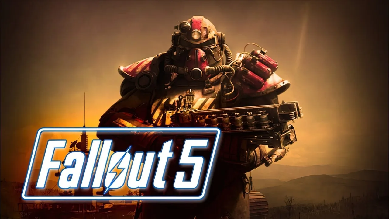 Mock-up promotional poster for Fallout 5 showing a lone figure in power armour overlooking a ruined cityscape under a radioactive sky, evoking the series’ post-apocalyptic tone.