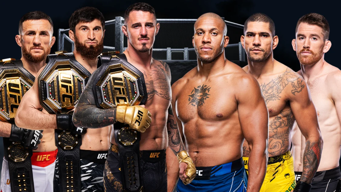 A lineup of UFC champions and top contenders posing with championship belts in front of the octagon.