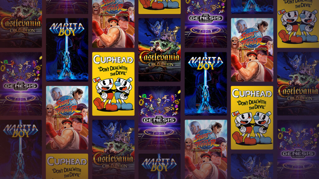 Collage of nostalgic video game covers including Cuphead, Castlevania, Street Fighter, Narita Boy, and Sega Genesis Classics.