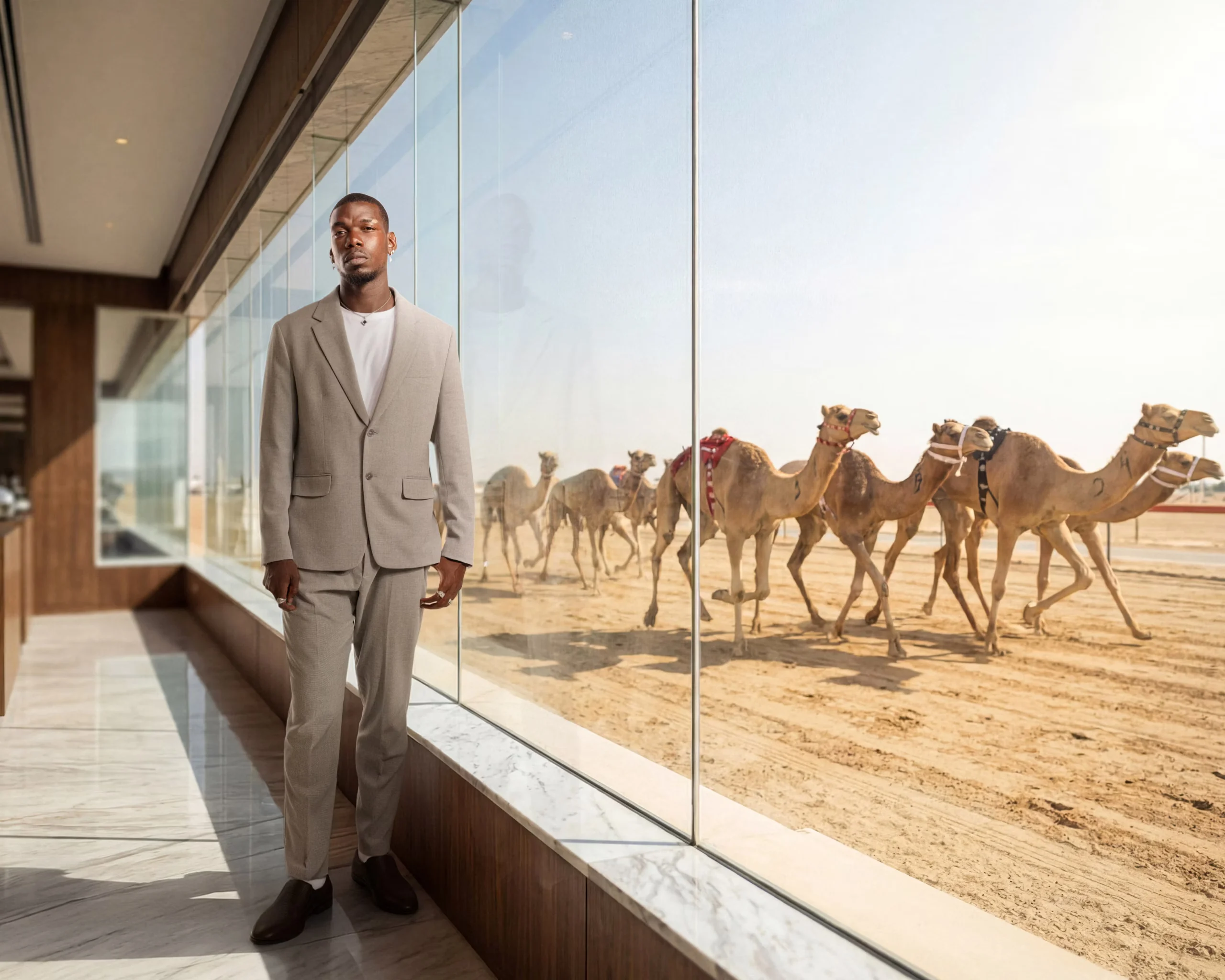 Paul Pogba in a grey suit standing next to racing camels, smiling and posing for a photo.