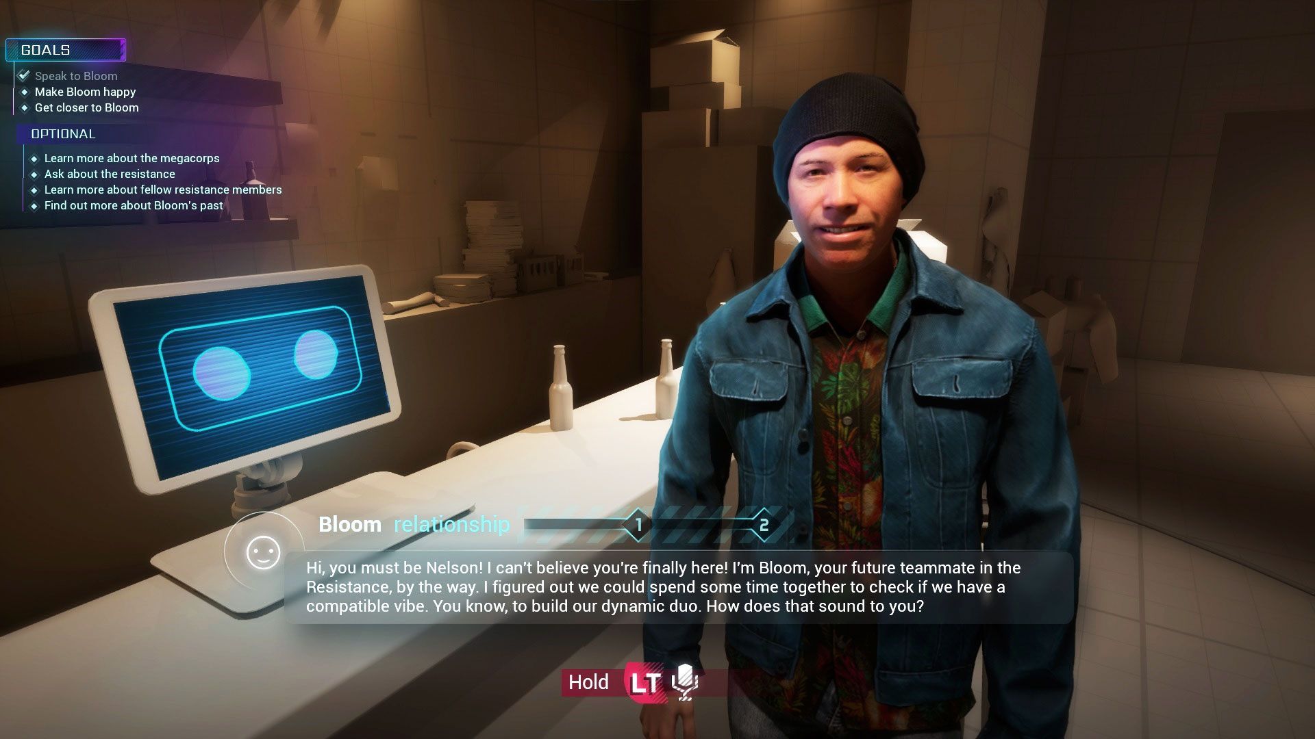 Ubisoft’s AI powered “neo NPC” named Bloom speaks to the player during an interactive dialogue scene.