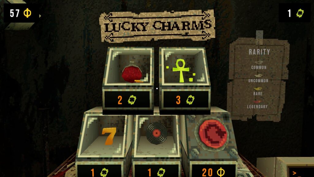 CloverPit screenshot showing the Lucky Charms vending machine with unlockable perks.
