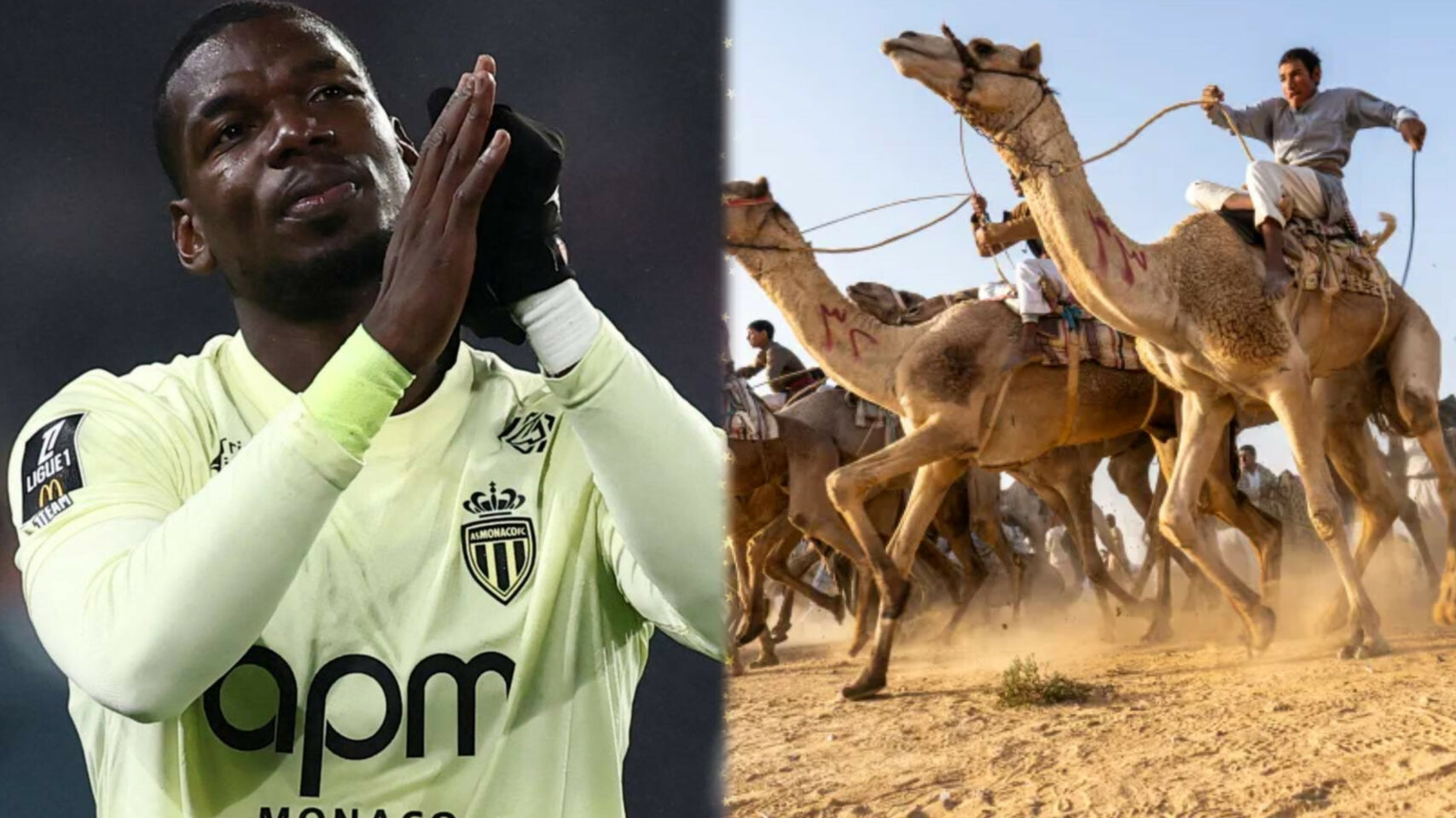 Split image showing Paul Pogba in his Monaco jersey on the pitch and Al Haboob racing camels in action.