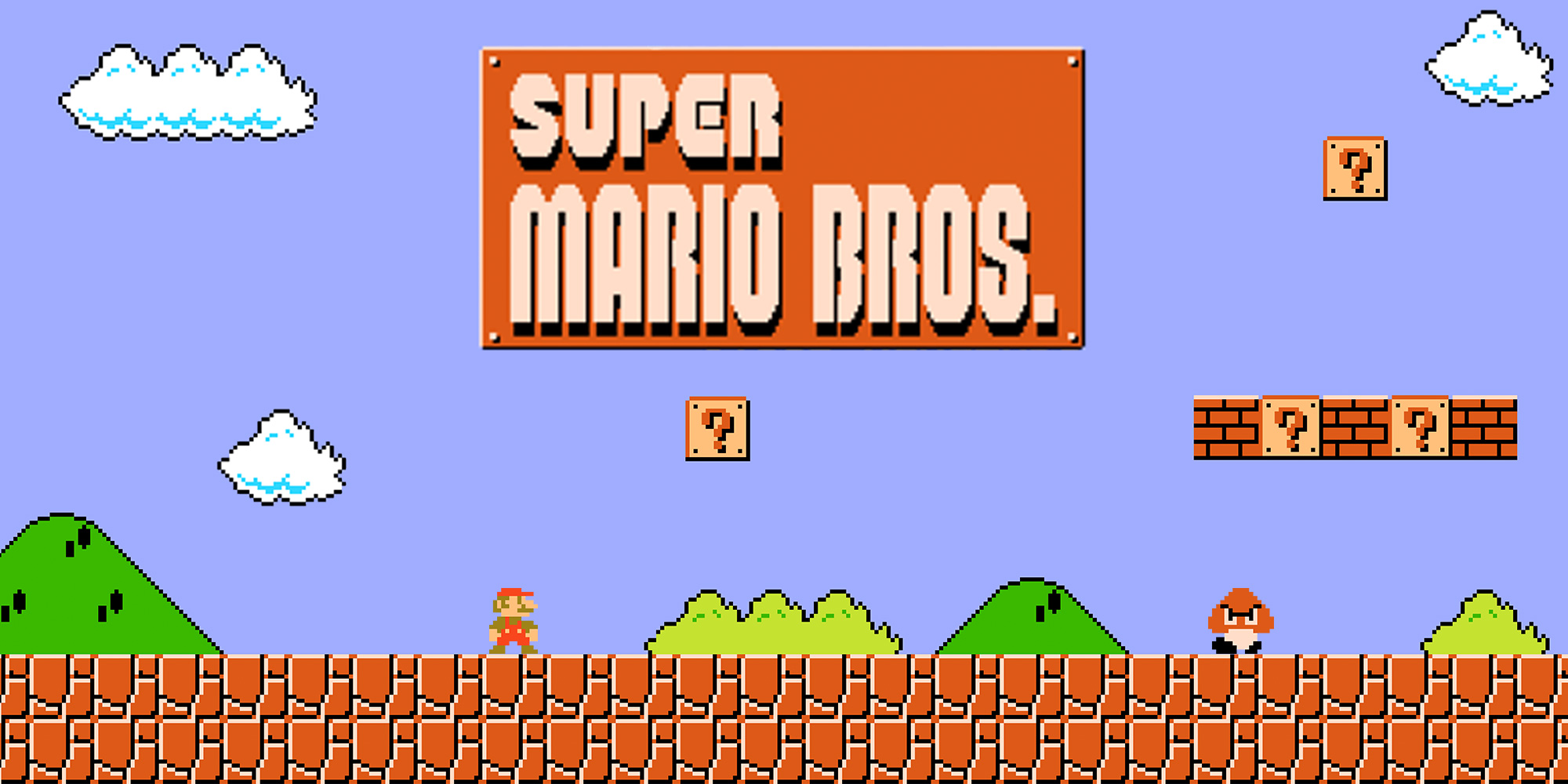 Super Mario runs through a classic side scrolling level in Super Mario Bros on NES.