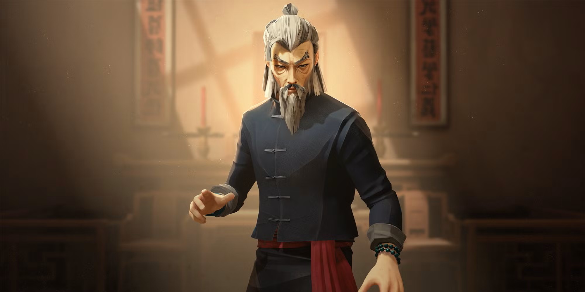 An older version of the Sifu protagonist stands in a focused martial arts stance inside a traditional training room.
