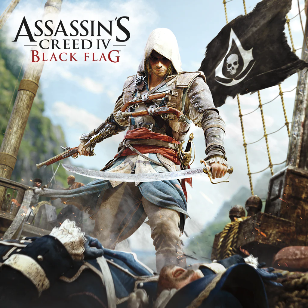 Cover art of Assassin’s Creed IV: Black Flag featuring Edward Kenway standing on a ship deck with his cutlass and pistol, the Assassin’s Creed emblem on his flag billowing behind him.