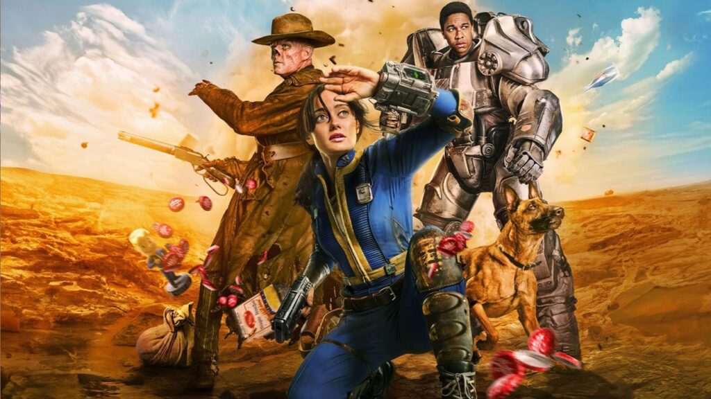 Promotional image for Fallout season two showing the main characters standing in the wasteland, wearing vault suits, armour and survival gear against a post-apocalyptic backdrop.