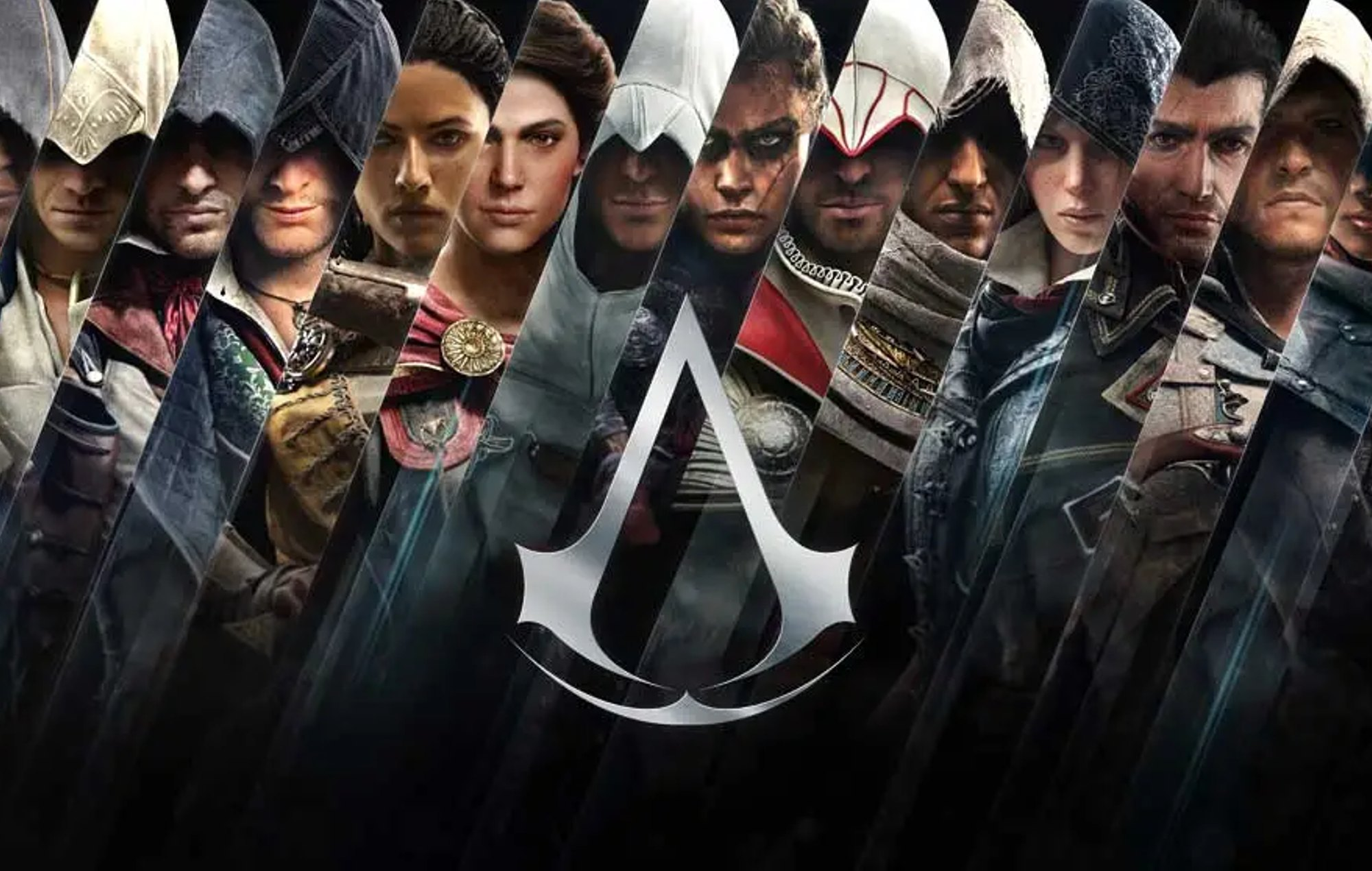Assassin’s Creed logo surrounded by every main protagonist from the franchise, from Altaïr and Ezio to Edward Kenway, Bayek, and Eivor, standing together in a dramatic lineup.