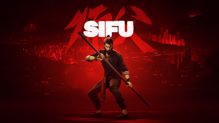 Sifu key art featuring the main protagonist holding a staff in a martial arts stance against a red city backdrop.