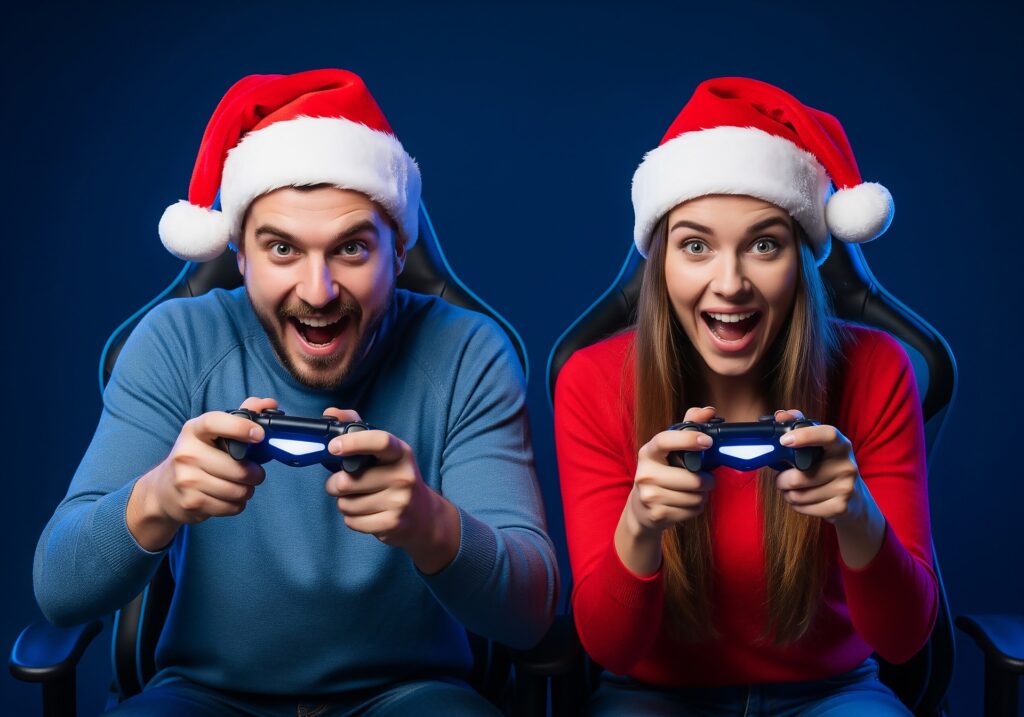Two gamers wearing Santa hats playing video games together at Christmas