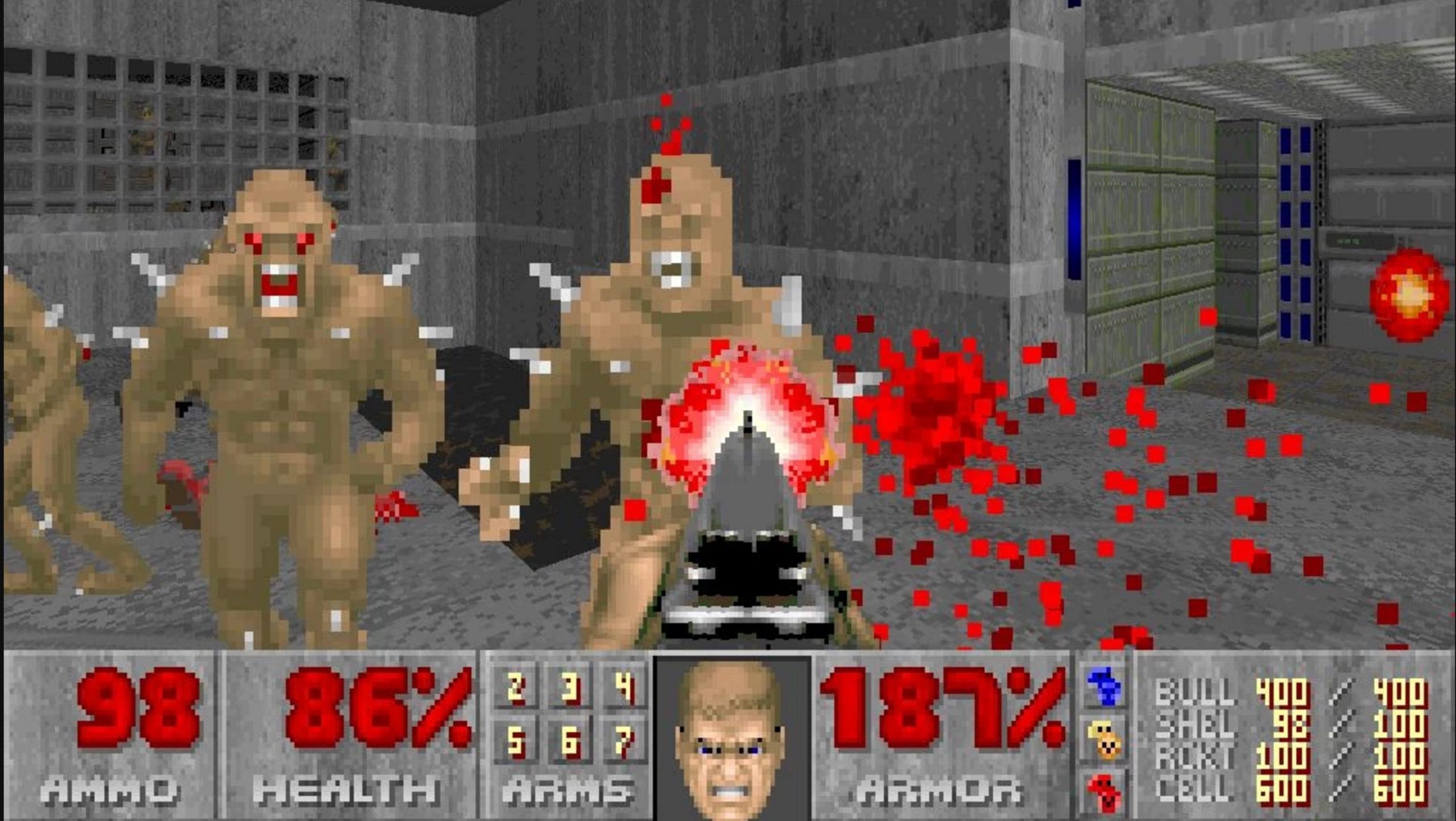 First person combat against demons in the original DOOM video game.