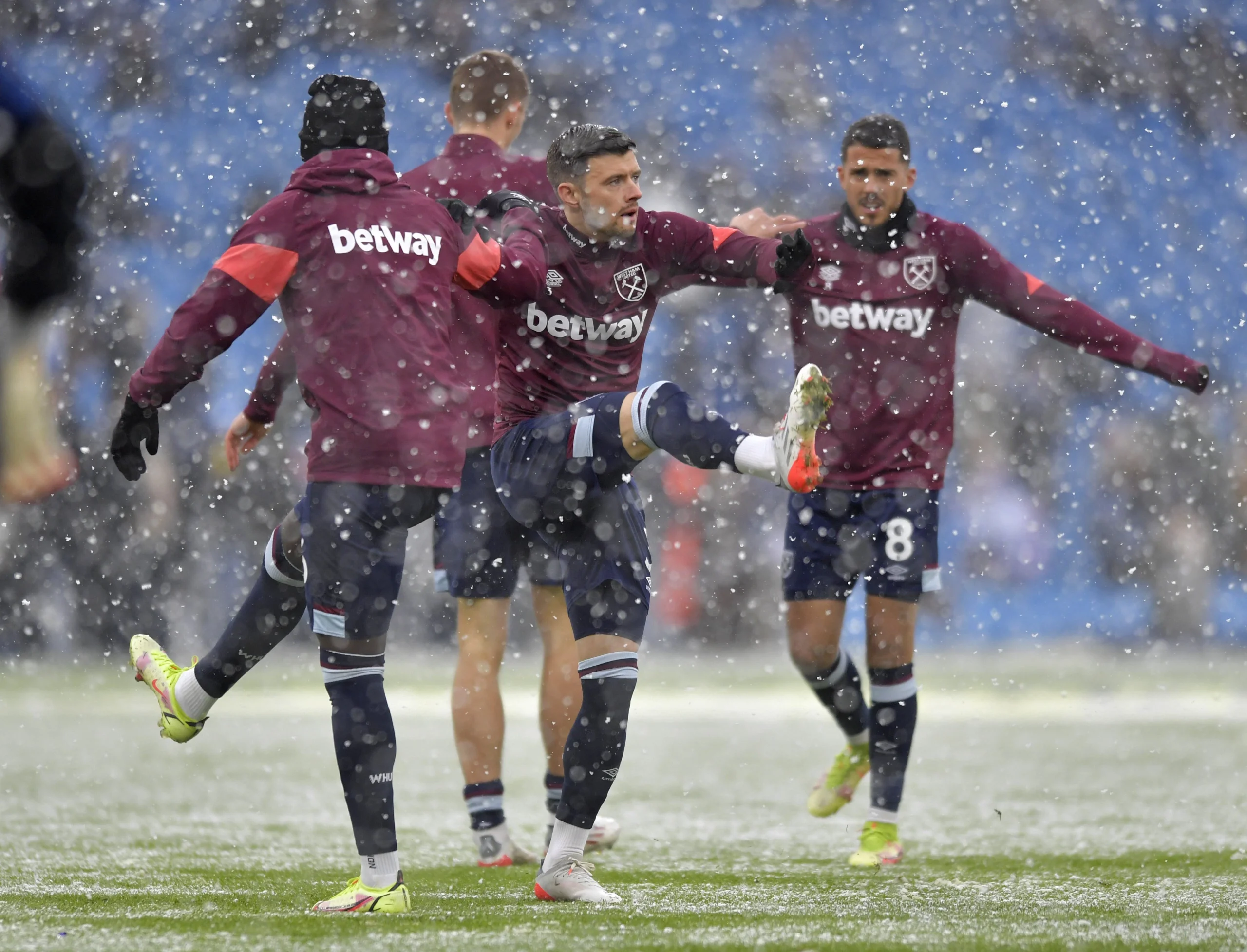 West Ham United players training in snowy conditions during winter