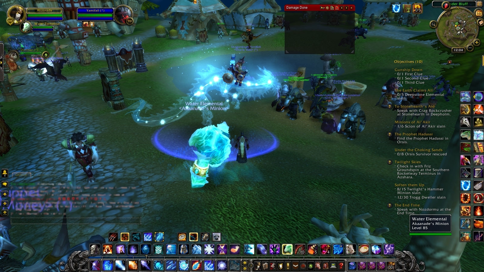 Players gather in a town hub in World of Warcraft with spell effects active.