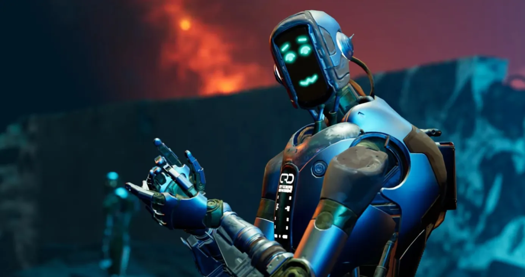 A robotic NPC character from Inworld AI’s Origins demo gestures toward the player in a futuristic environment.