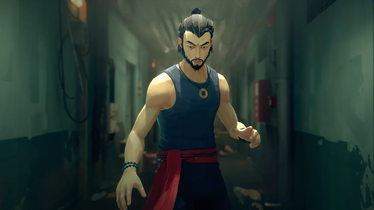 The protagonist from Sifu prepares for combat in a dim hallway, standing in a focused martial arts stance.