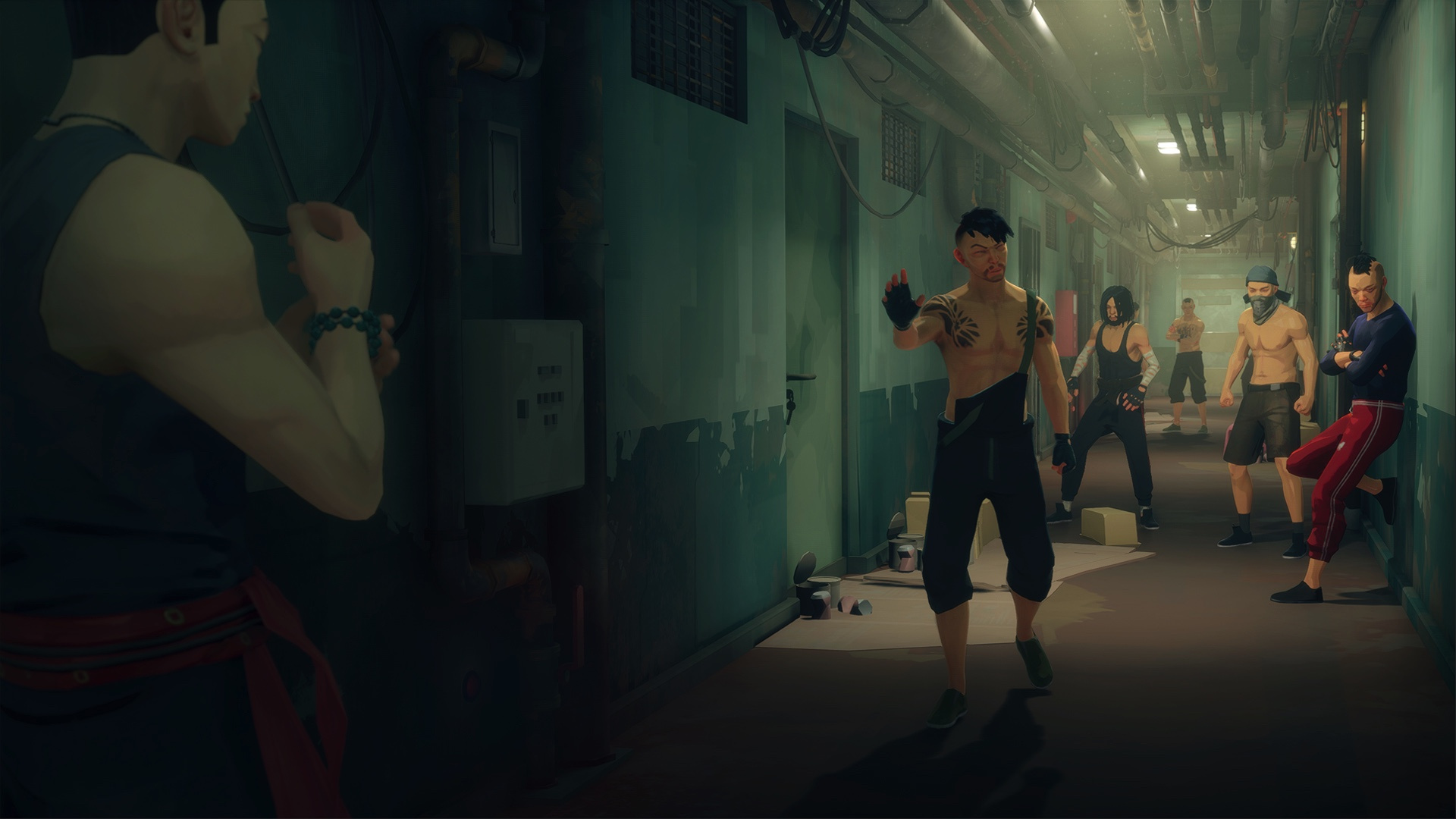 A lineup of hostile fighters waits in a dim hallway as the Sifu protagonist prepares for battle.