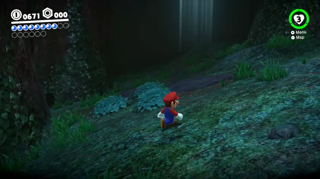 Mario explores a forest environment in Super Mario Odyssey.