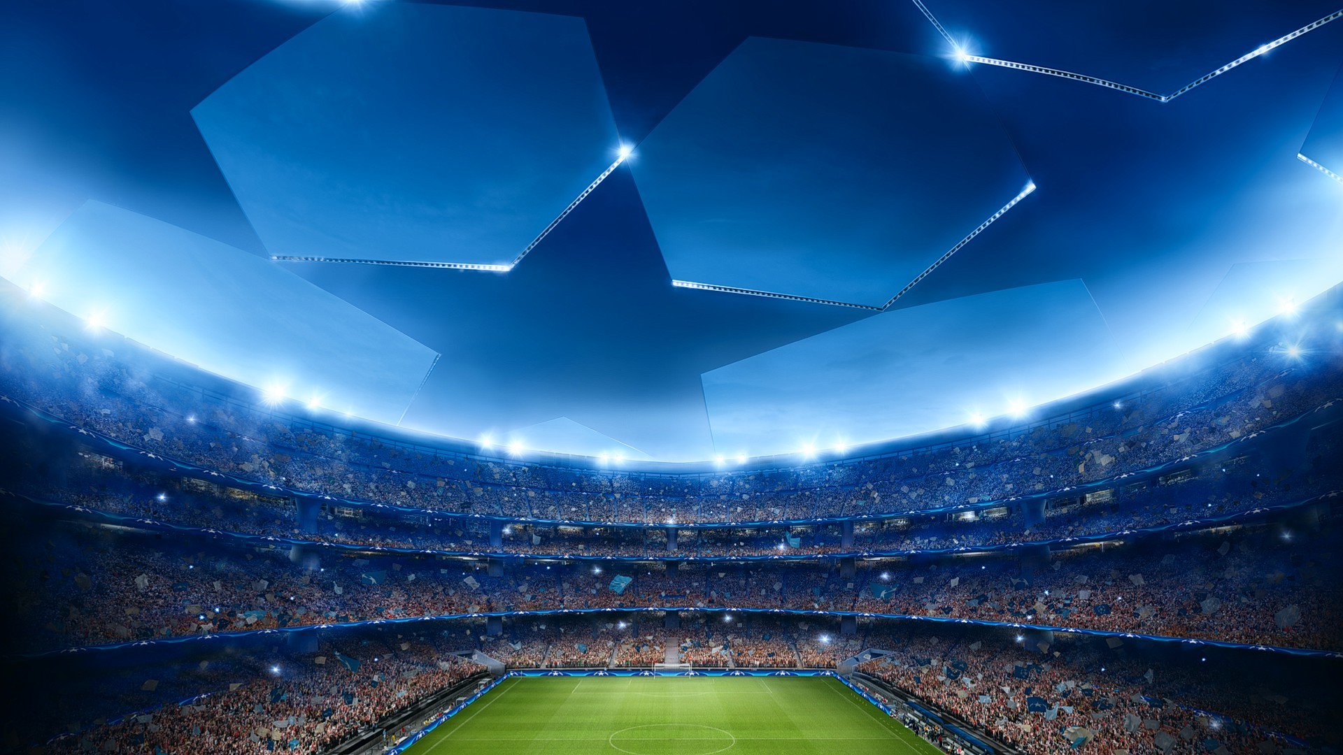 Champions League stadium under bright lights with a packed crowd and the iconic star pattern above the pitch.