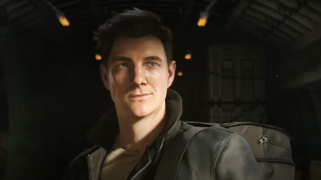 James Bond smiles confidently inside a dimly lit aircraft in the 007 First Light videogame.