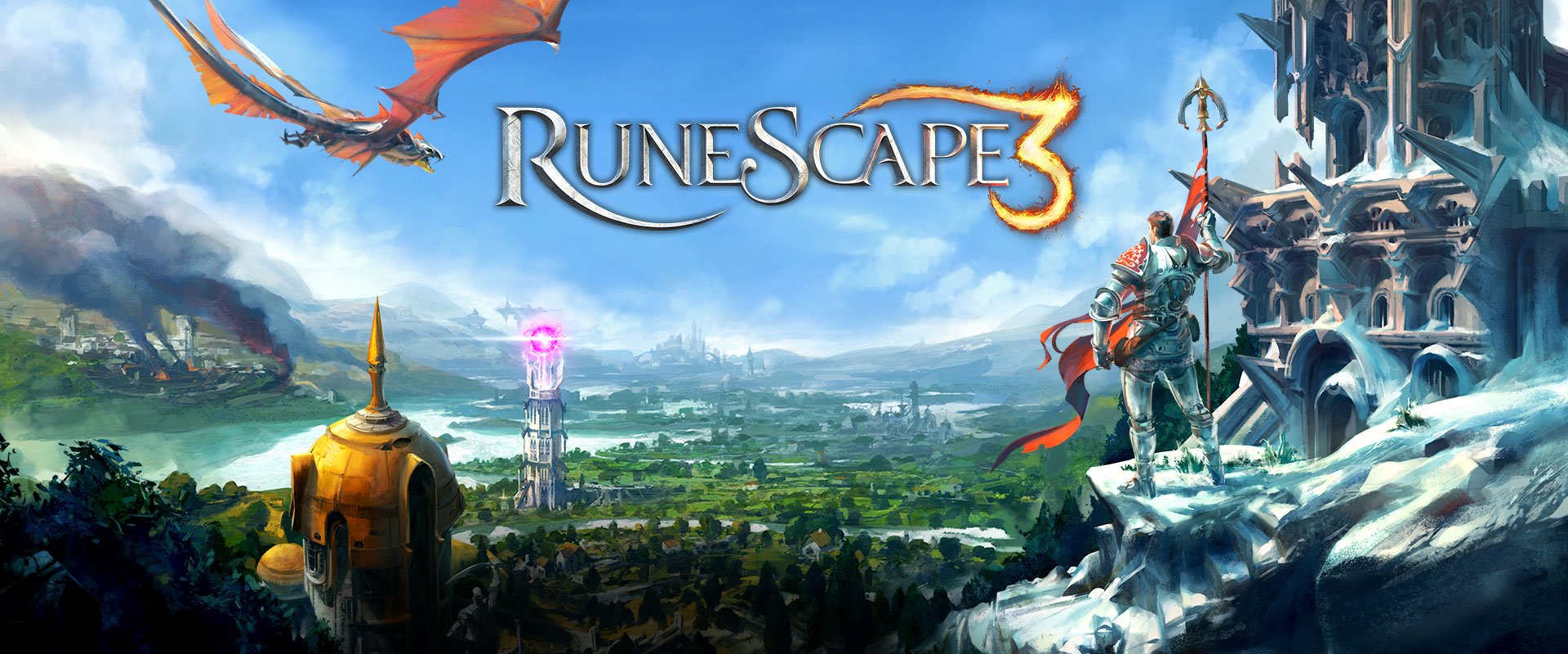 Promotional image of RuneScape 3 showing characters in epic fantasy armor exploring a vibrant, detailed medieval world.