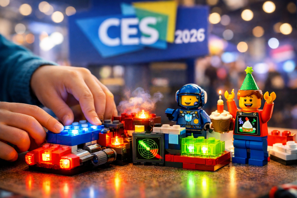 Child playing with Lego Smart Bricks at CES 2026, glowing LEDs and responsive Smart Minifigures showcase interactive technology enhancing creative play.