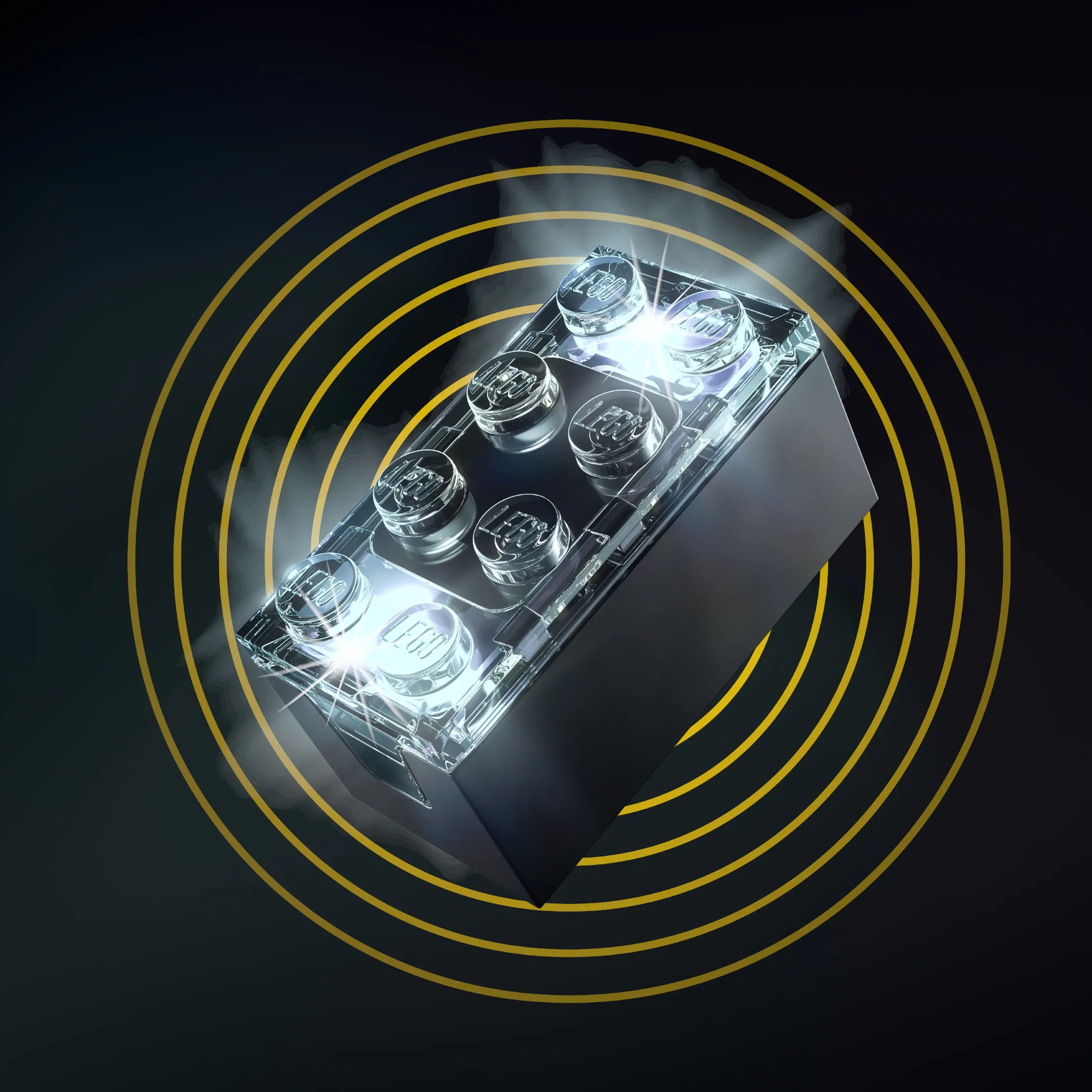 Close-up of a black Lego Smart Brick showing built-in sensors, LEDs, and electronics for interactive play.