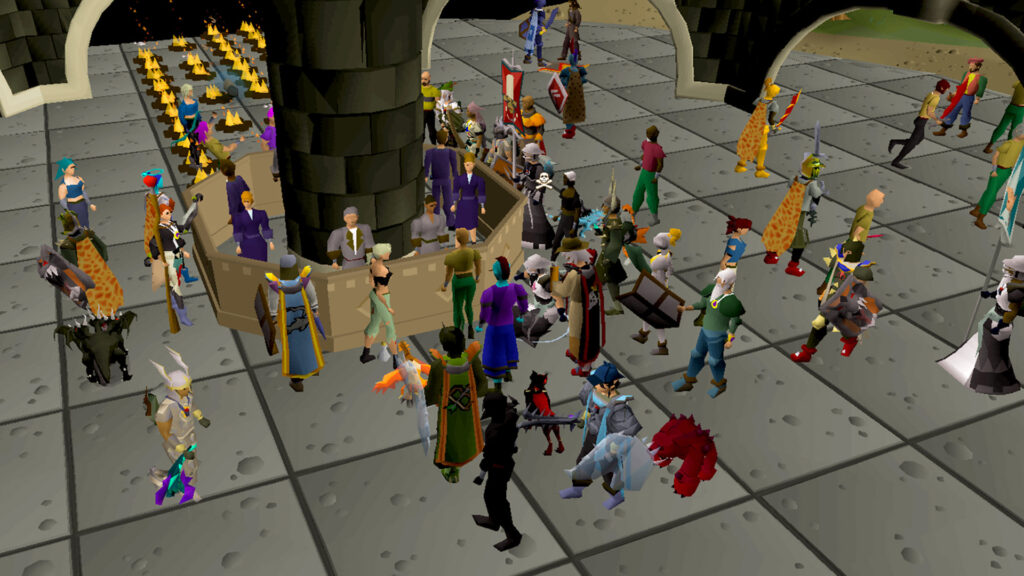 A large group of RuneScape players gathered together in a bustling in-game town, chatting and completing quests as a community.