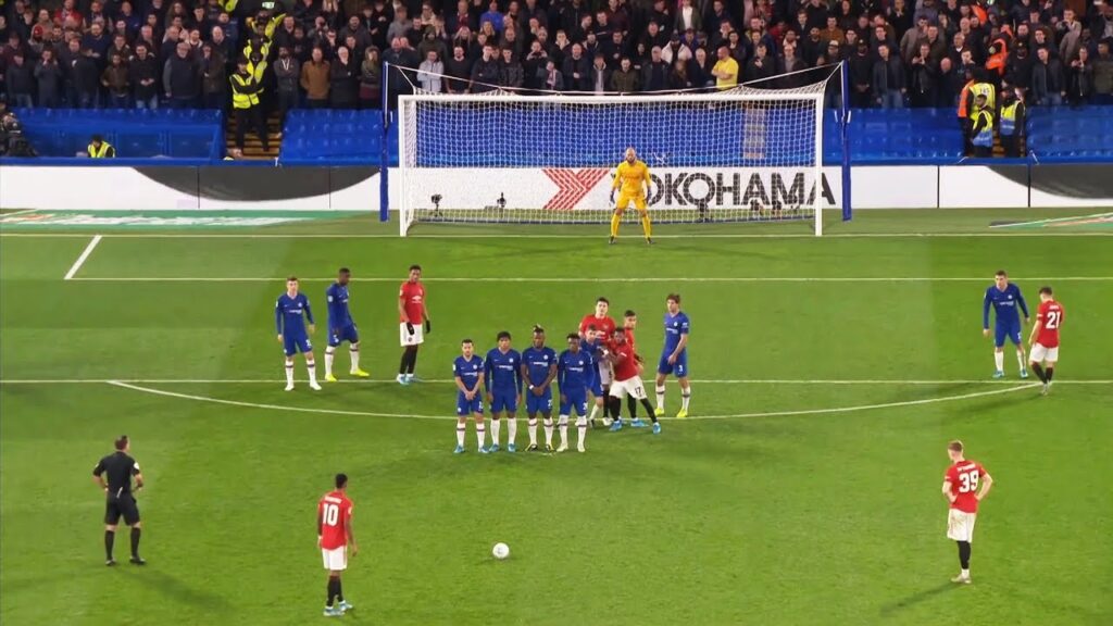 Premier League free kick taken during Chelsea vs Manchester United at Stamford Bridge