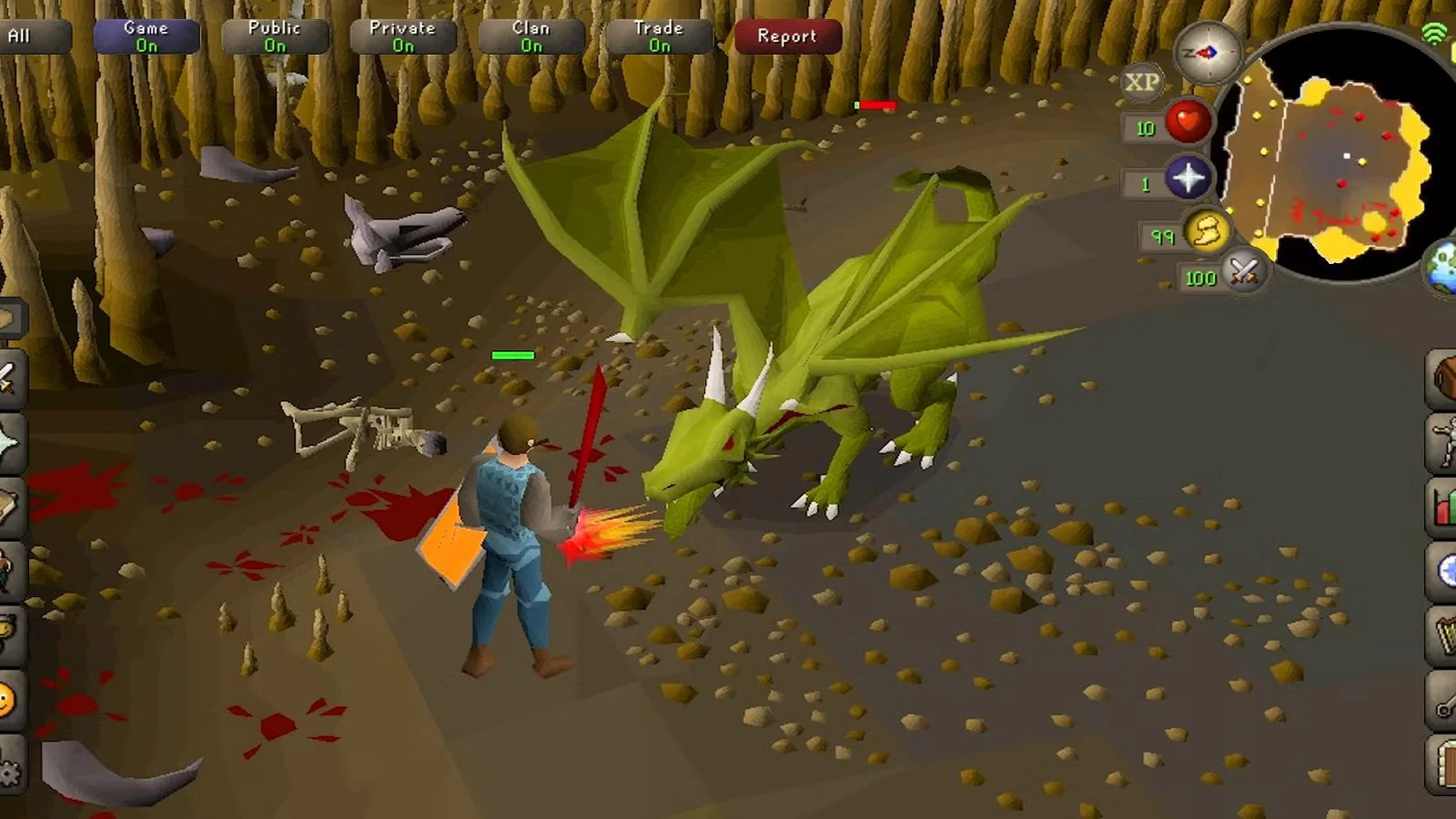 RuneScape player battling a fierce dragon, wielding a sword and shield amid fiery breath and dramatic fantasy landscape.