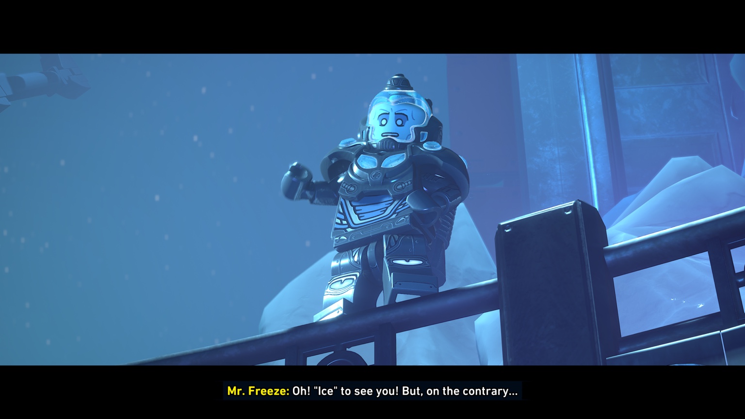 Mr Freeze appearing in a story cutscene in LEGO Batman Legacy of the Dark Knight