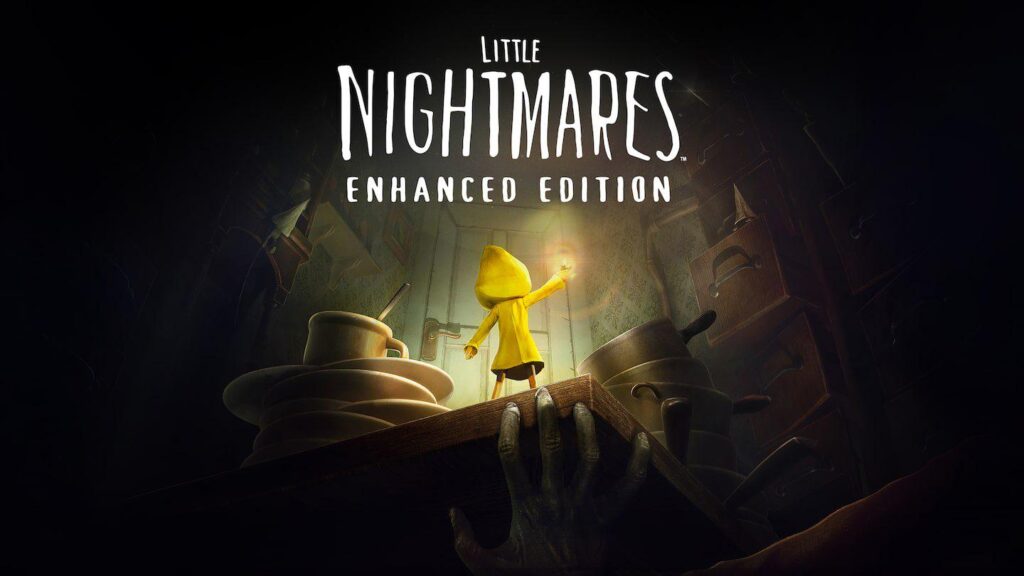 Official key art for Little Nightmares Enhanced Edition featuring Six in a yellow raincoat holding a lighter while a monstrous hand reaches from below.